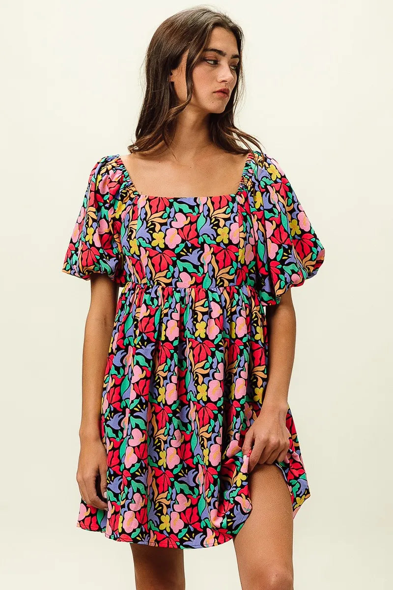 Floral Print Puff Square Neck Dress in Black Multi - product view 9