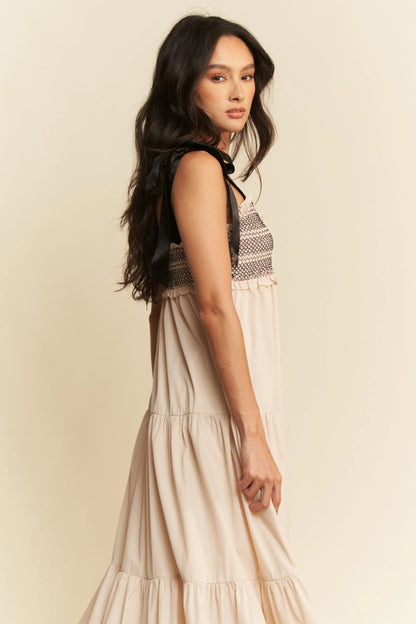 Multi Contrast Smocked Bodice Straps Maxi Dress in Beige - product view 8
