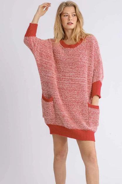Full Size Ribbed Hem Round Neck 3/4 Sleeve Sweater Dress with Pockets Plus Size - Scarlet - product view 1