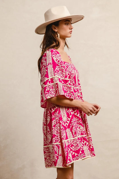 Aztec Woven Printed Contrast Binding Dress in Fuchsia - product view 6