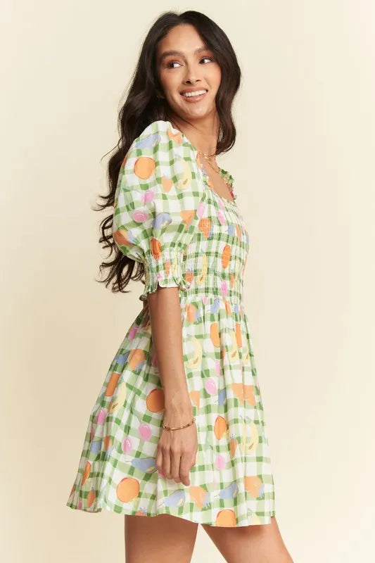 Fruits Printed Smocking Mini Dress - Sage - product view 3