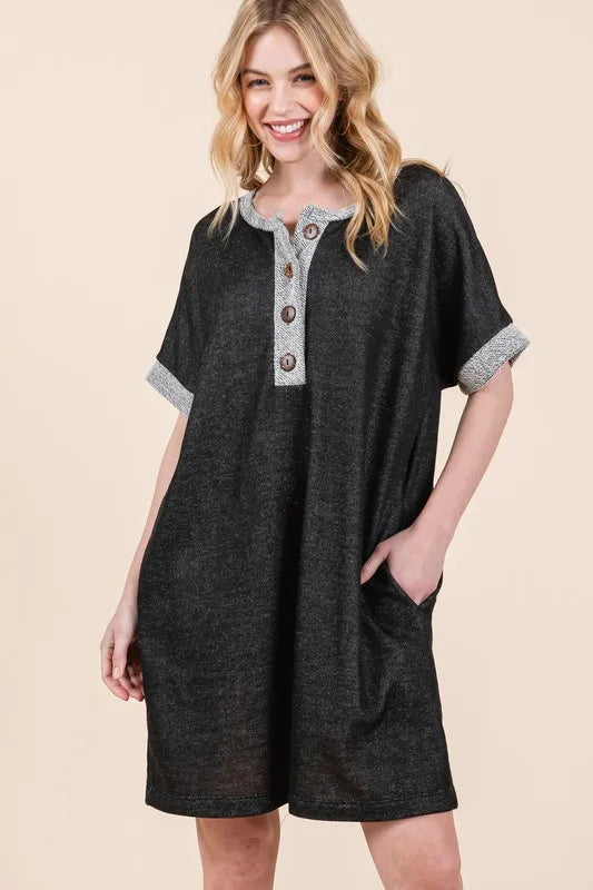 Casual Contrast Trim Henley Dress - Black - product view 5