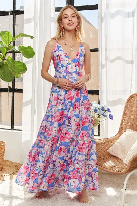 Bow Back Floral Cami Dress - Pink/Blue - product view 1