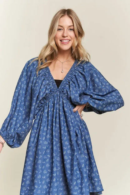 Batwing Sleeves Floral Dress in Denim/White - product view 6