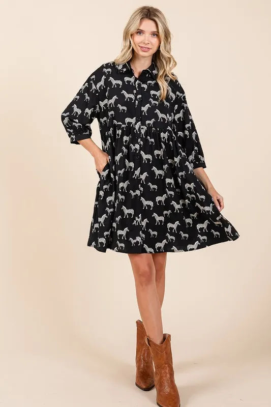 Zebra Print Button Down Shirt Mini Dress - Black - product view 5
