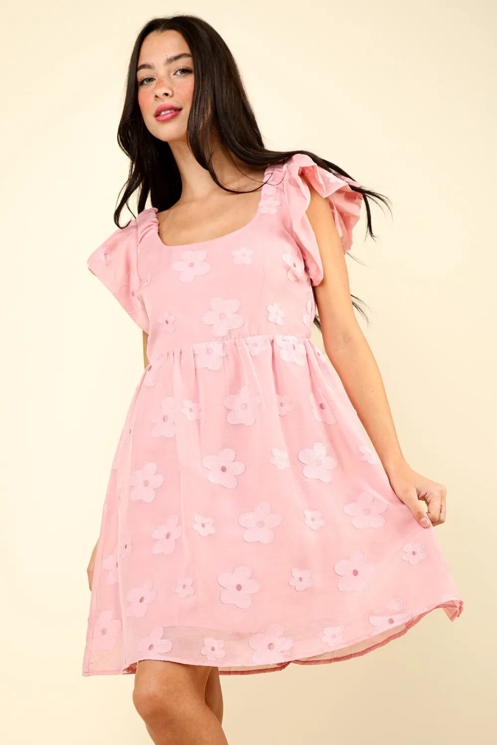 Flower Embroidered Organza Mini Dress in Pink - product view 4