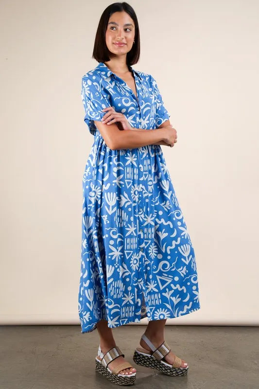 Plus Size Oversized Printed Shirt Midi Dress in Blue Mix - product view 5
