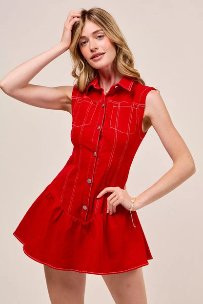 Button Down Sleeveless Collared Game Day Mini Dress - Red - product view 6
