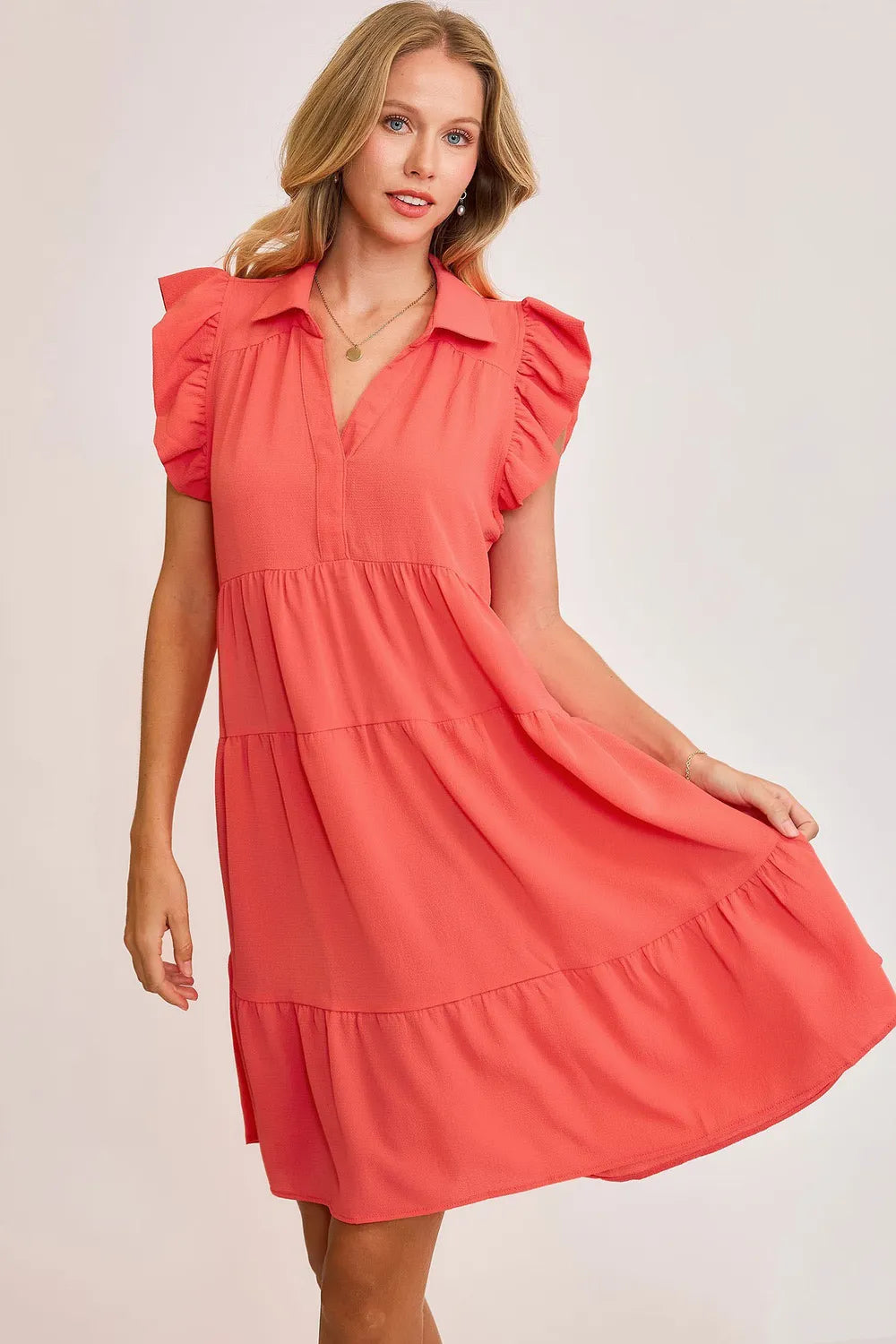 Full Size Johnny Collar Ruffle Cap Sleeve Tiered Dress Plus Size - Strawberry - product view 1