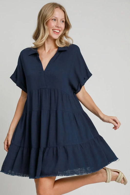 Full Size Raw Hem Folded Sleeve Tiered Dress Plus Size - Dark Navy - product view 2