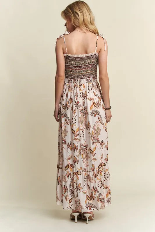 Smocked Printed Square Neck Tie Shoulder Cami Dress - Ivory - product view 4