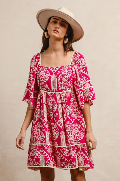 Aztec Woven Printed Contrast Binding Dress in Fuchsia - product view 2
