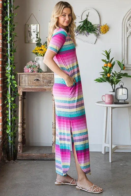 Full Size Striped Short Sleeve Maxi Tee Dress Plus Size in Pink Multi - product view 10