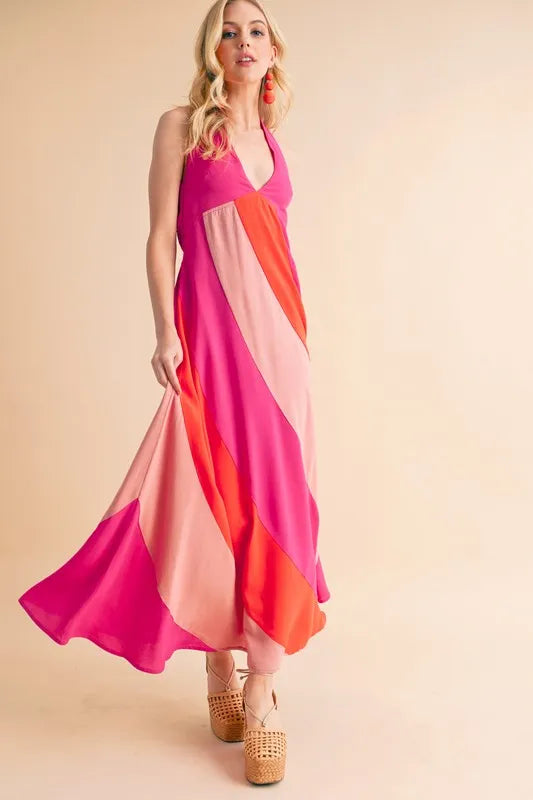 Color Block Sleeveless Maxi Dress in Pink Combo - product view 2