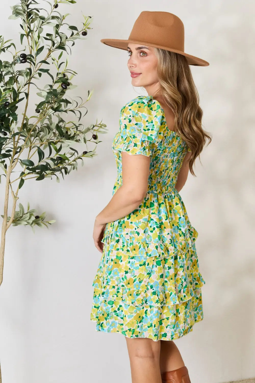 Smocked Scoop Neck Flounce Sleeve Mini Dress in Yellow - product view 4