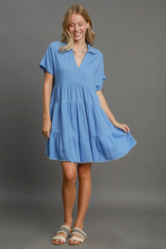Full Size Raw Hem Folded Sleeve Tiered Dress Plus Size - Sky Blue - product view 1