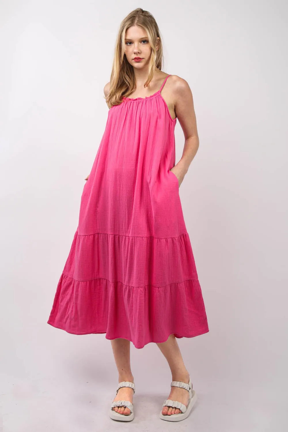 Ruffled A-Line Midi Cami Dress - Fuchsia - product view 1