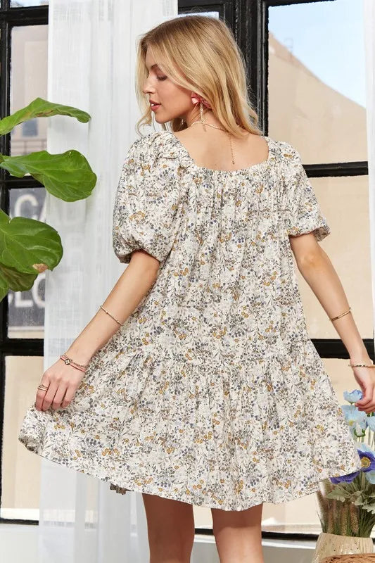 Floral Square Neck Puff Sleeve Dress - Light Blue - product view 7