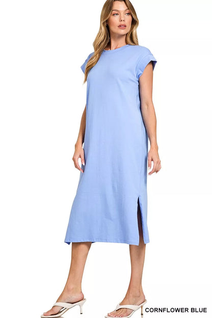 Round Neck Side Slit Midi Dress - Cornflower Blue - product view 4