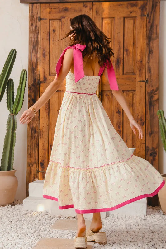 Ribbon Flowy Maxi Dress with Contrast Trim in Cream/Pink - product view 2