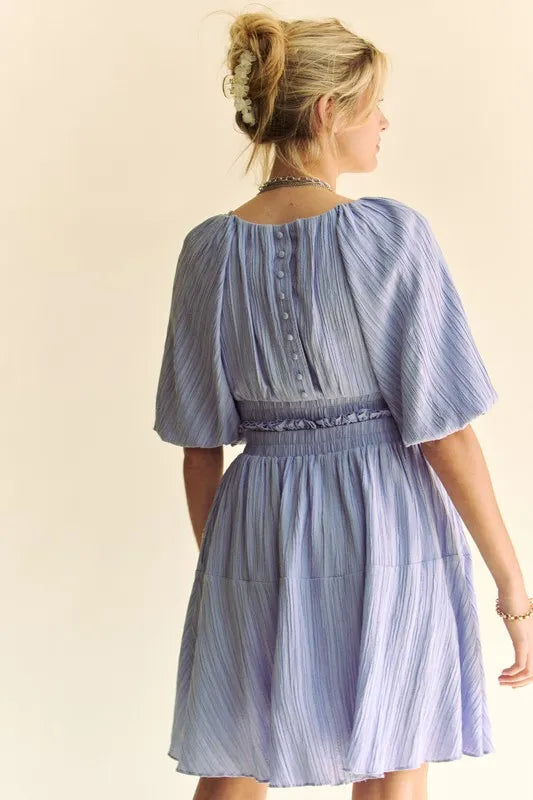 Back Button Puff Sleeve Mini Dress in Lavender - product view 2