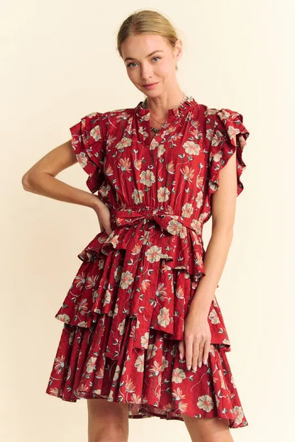 Ruffle Flutter Sleeve Tie Belt Tiered Mini Dress in Orange Rust - product view 1