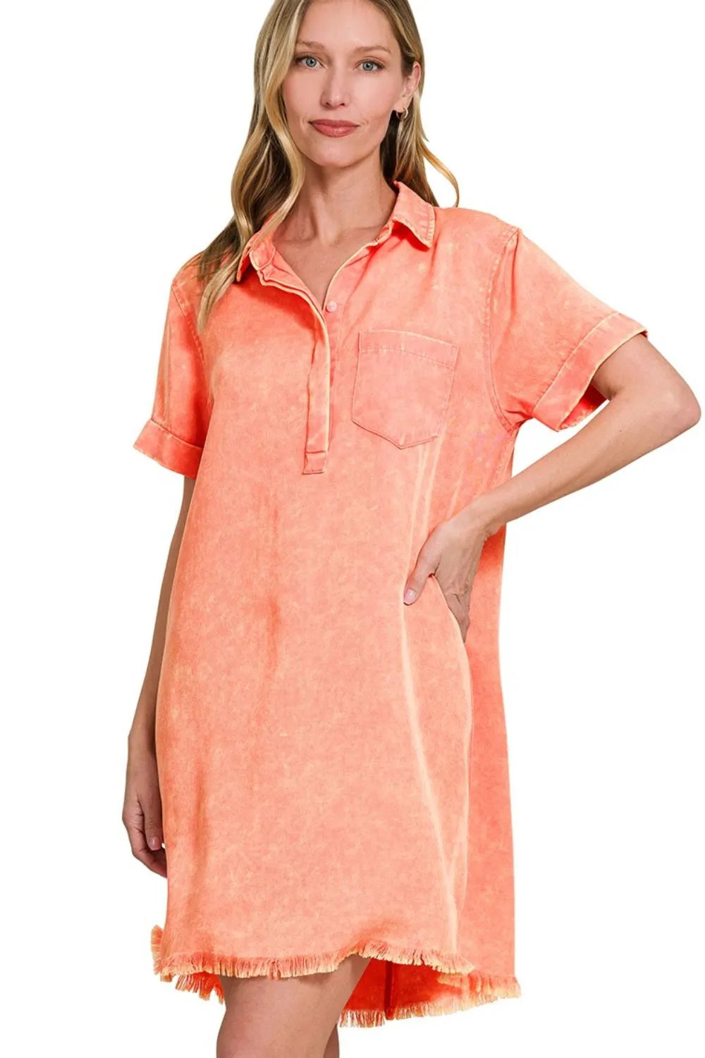 Tencel Mineral Washed Collared Shirts Dress - Coral - product view 3