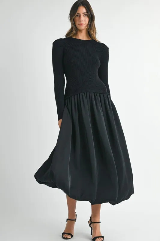 Ribbed Poplin Mix Midi Sweater Dress in Black - product view 1
