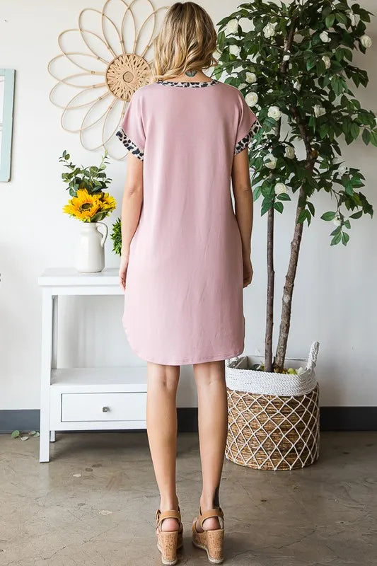 Full Size Solid Color Block and Animal Mini Dress Plus Size in Dusty Pink - product view 2