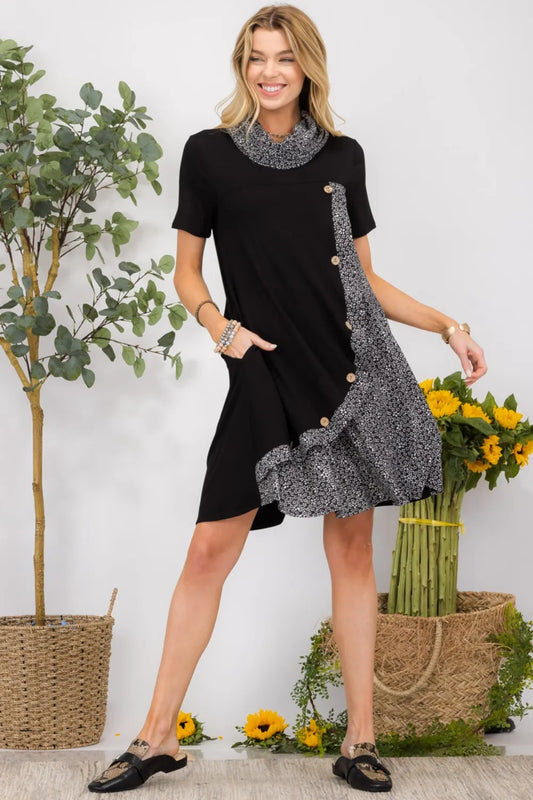 Full Size Decor Button Short Sleeve Dress with Pockets Plus Size in Black, Cinnamon and Sage - product view 1