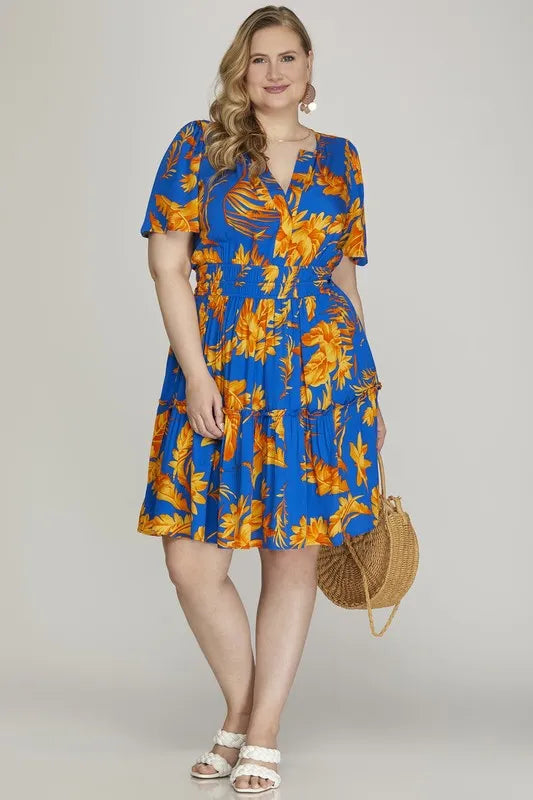 Full Size Printed Notched Short Sleeve Frill Tiered Dress Plus Size - Royal Blue - product view 5