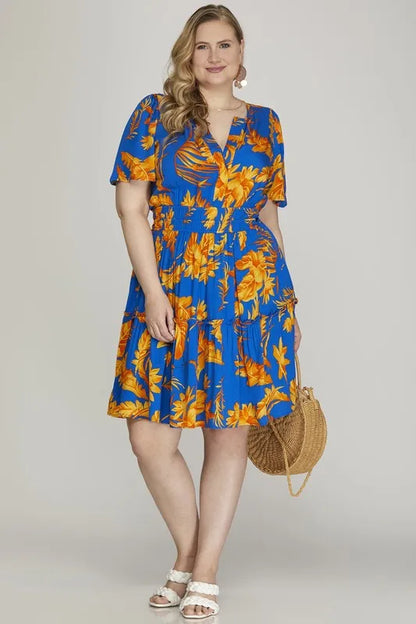 Full Size Printed Notched Short Sleeve Frill Tiered Dress Plus Size - Royal Blue - product view 5