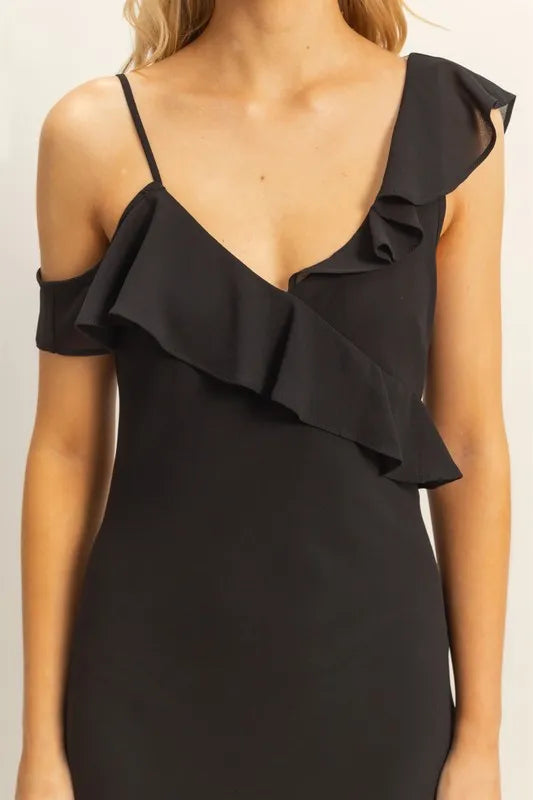 Chiffon Ruffle Trim Midi Dress - Black - product view 5