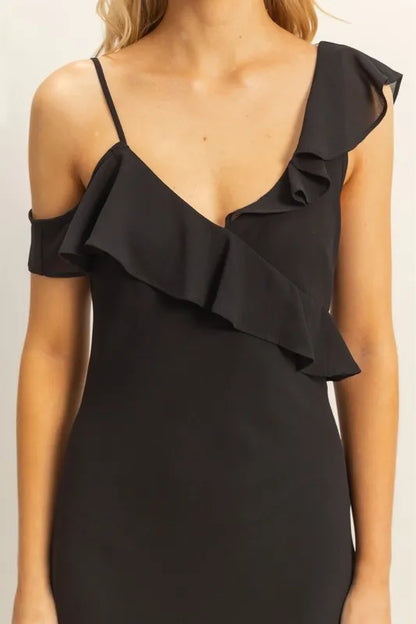 Chiffon Ruffle Trim Midi Dress - Black - product view 5