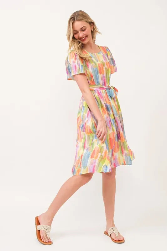 Watercolor Print Tie Front Midi Dress - Orange Combo - product view 2