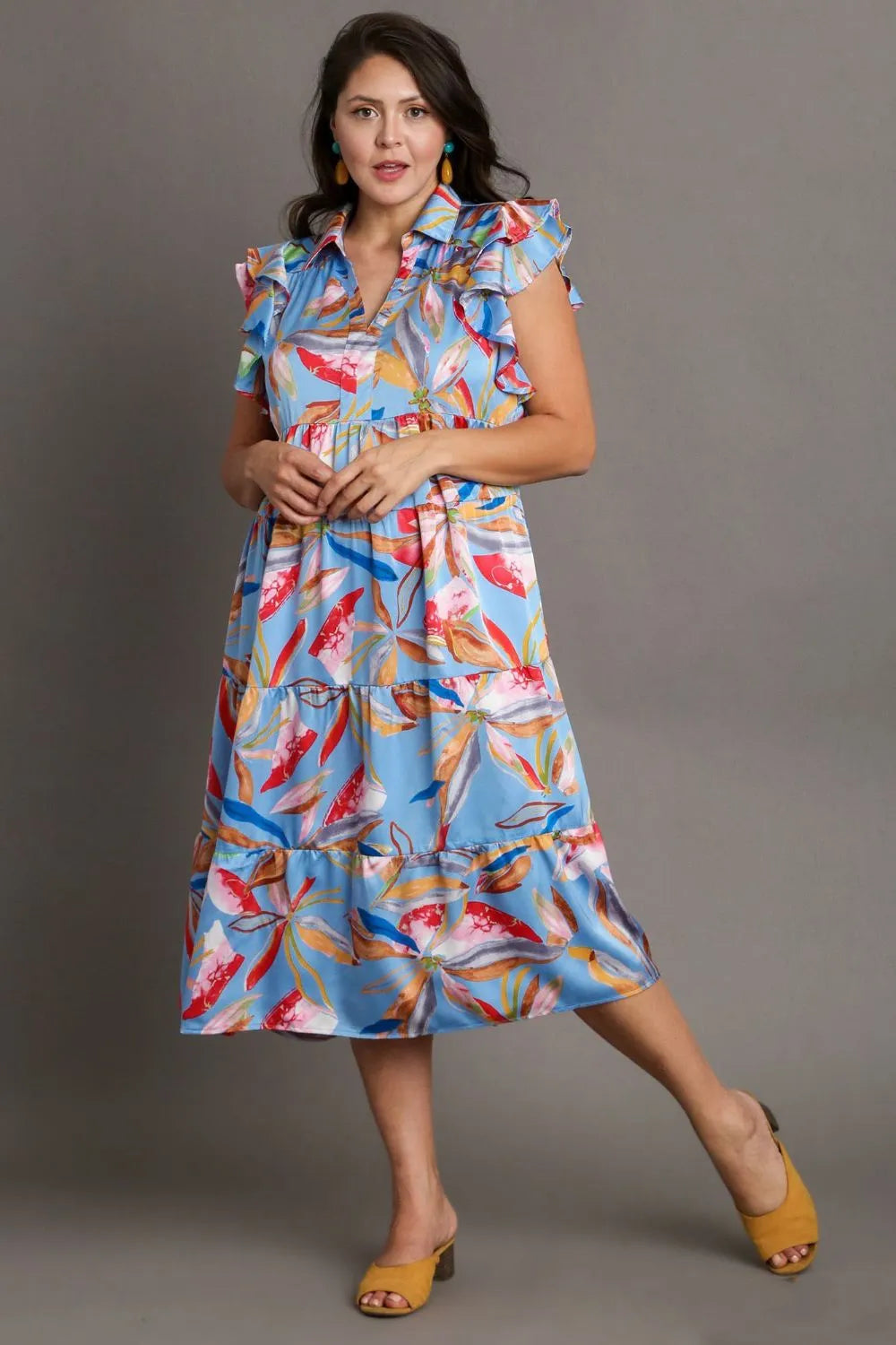 Full Size Leaf Print Double Layered Ruffle Sleeve Tiered Midi Dress Plus Size - Periwinklemix - product view 4