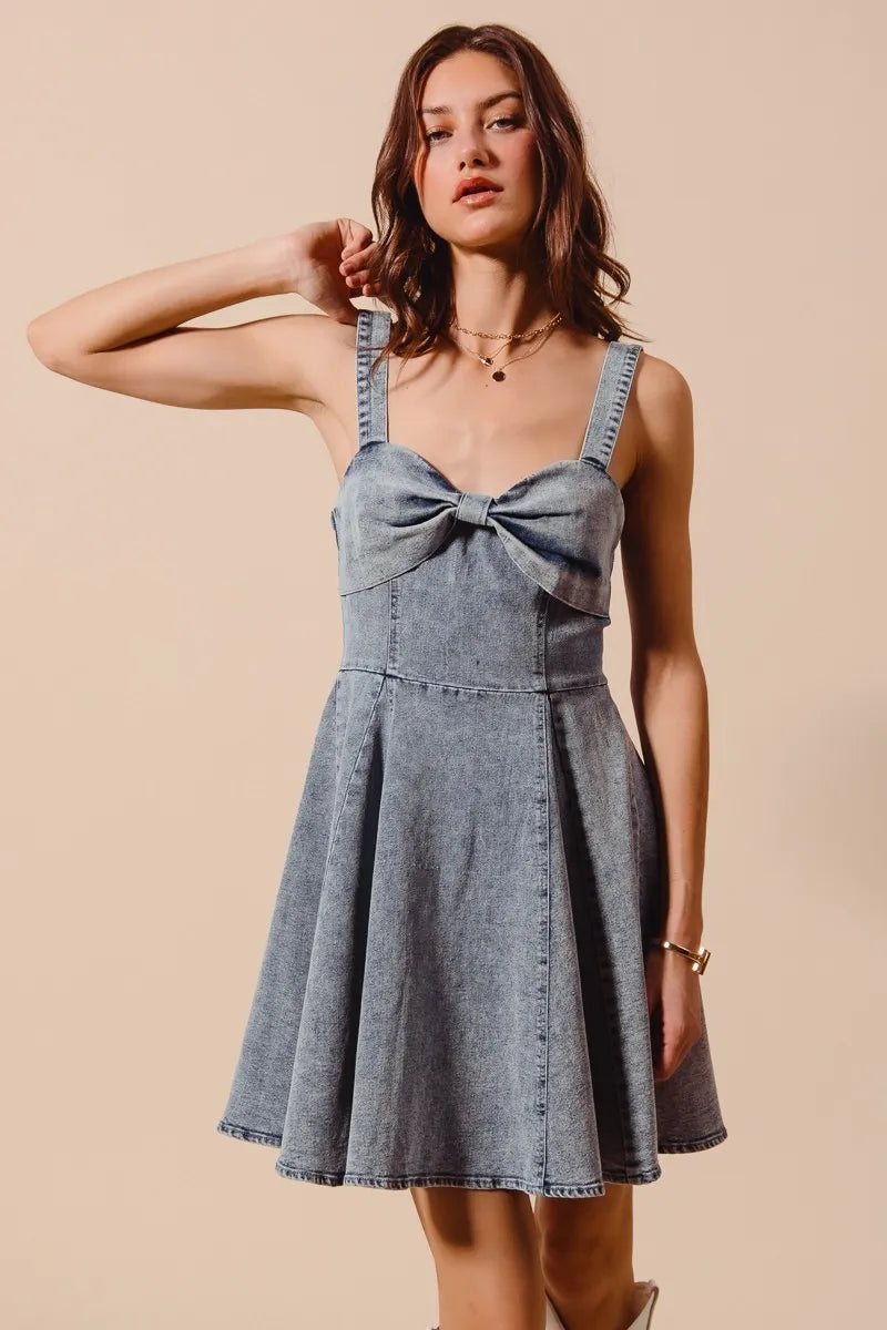 Mineral Washed Bow Ribbon Denim Flare Dress - product view 1