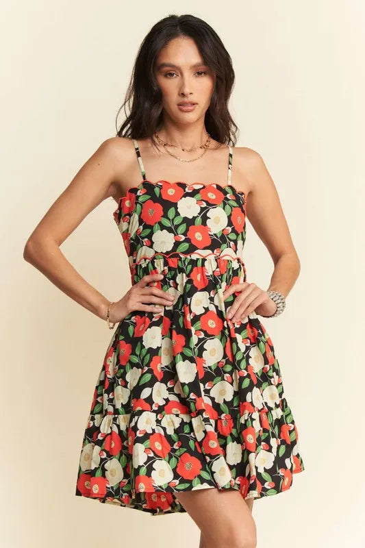 Floral Scalloped Cutout Back Mini Dress in Black - product view 3