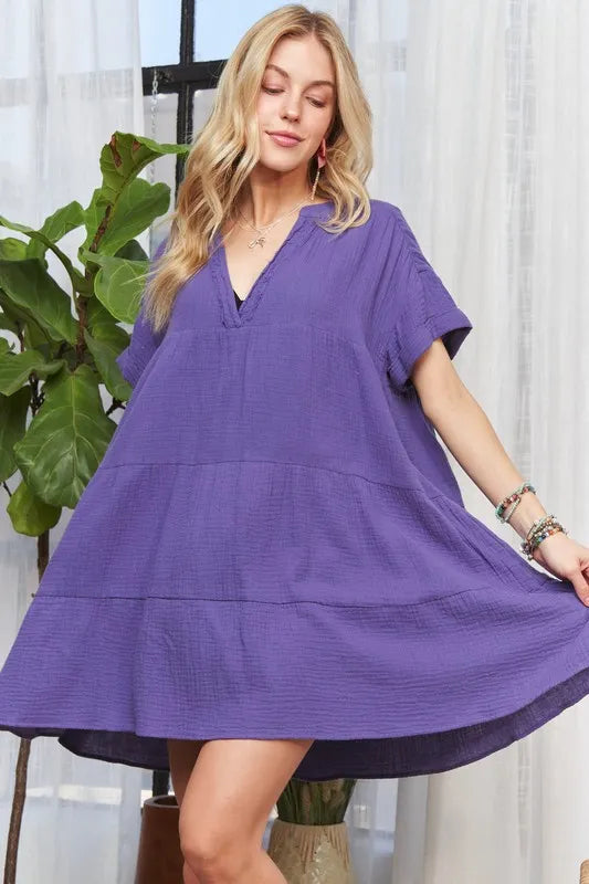 Tiered Notched Short Sleeve Dress - Purple - product view 1