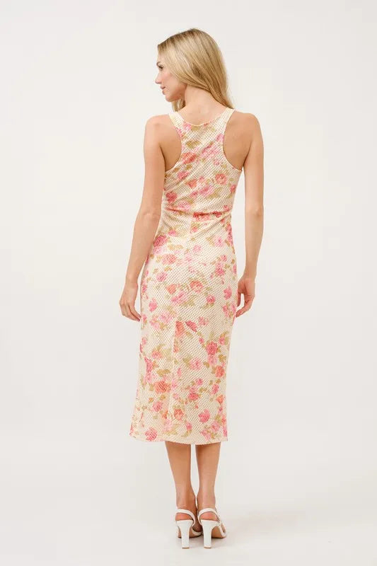 Floral Fishnet Bodycon Midi Dress in Multi - product view 3