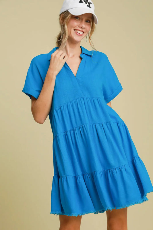 Full Size Raw Hem Folded Sleeve Tiered Dress Plus Size - Blue - product view 1