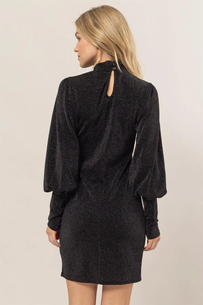 Glitter Mock Neck Long Sleeve Mini Dress - Black - product view 2