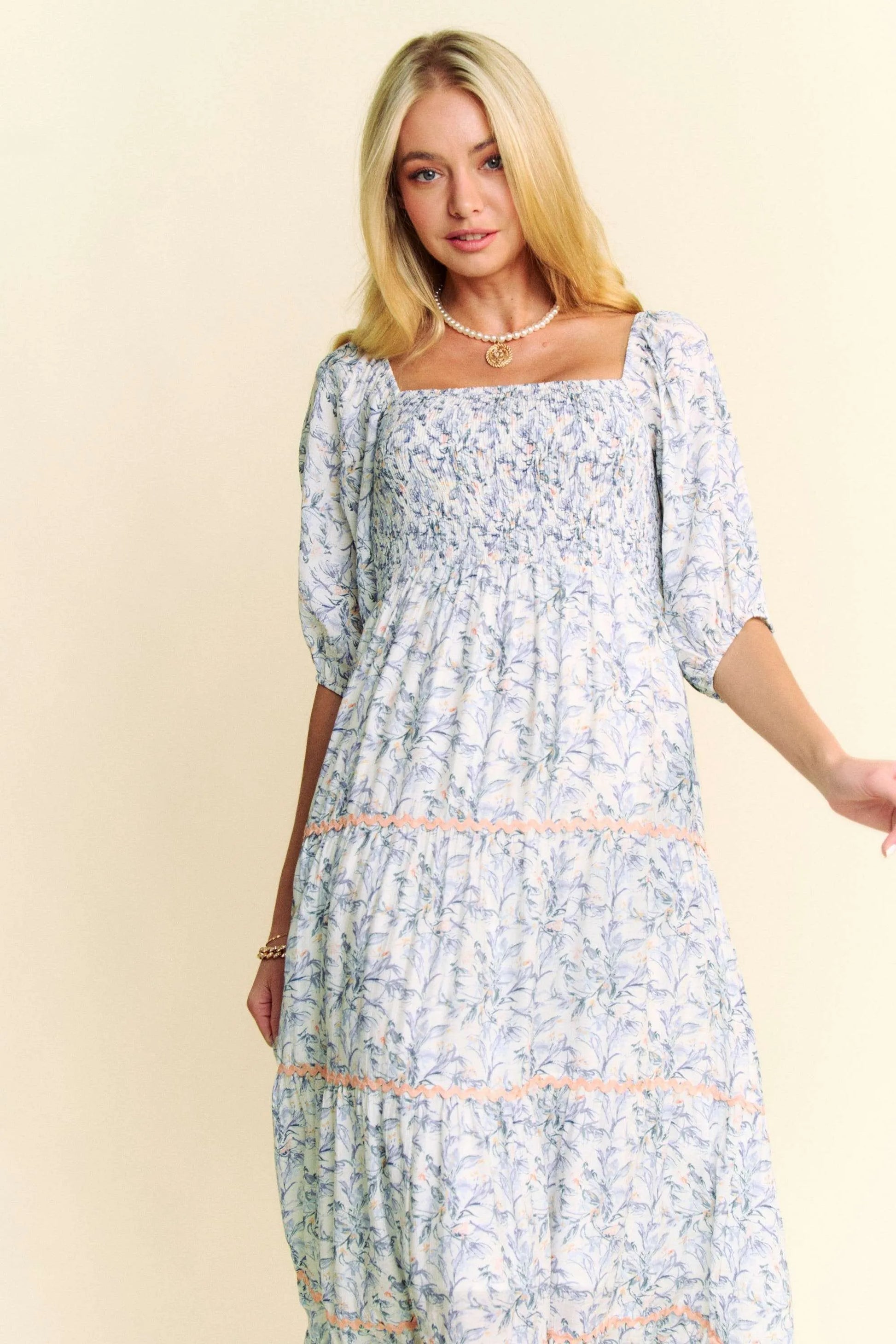 Contrast Ric Smocking Bodice Tiered Midi Dress in Blue - product view 7