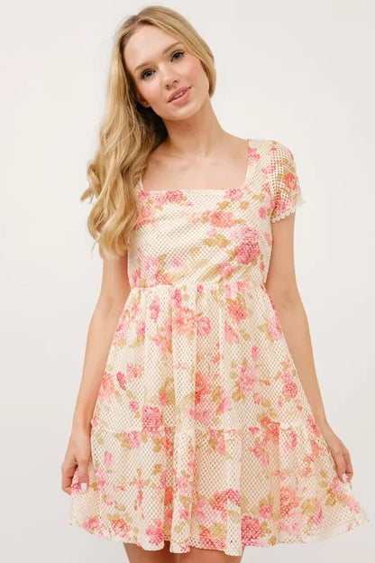 Square Neck Tiered Floral Fishnet Dress in Multi - product view 5