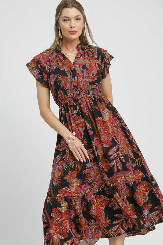 Mix Ruffle Sleeve Tropical Midi Dress in Black Mix - product view 1
