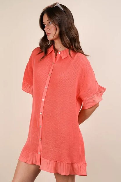 Pleated Detail Button Down Mini Dress - Orange - product view 4