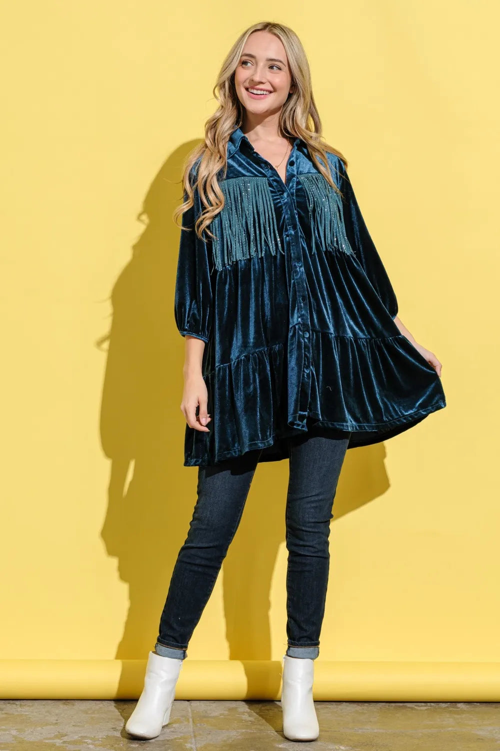 Fringe Detailed Velvet Shirt Dress in Teal - product view 5