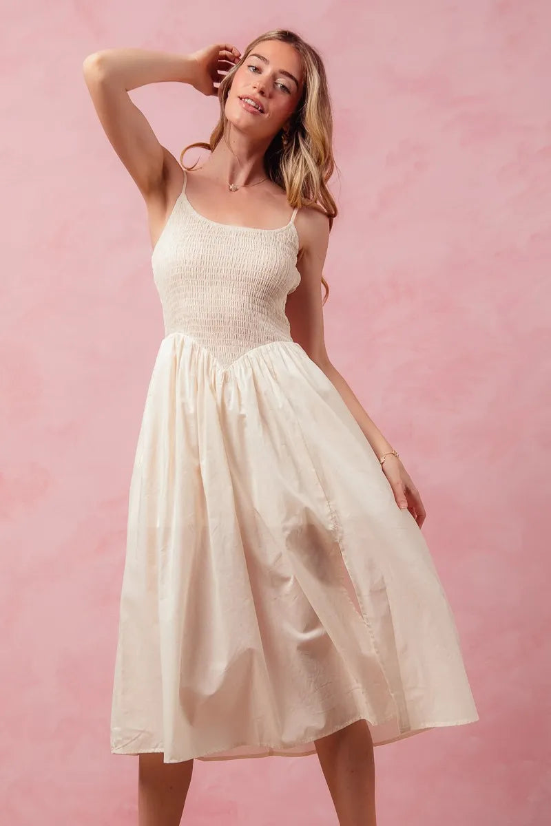 Smocked Sleeveless Casual Everyday Dress With Slit - Cream - product view 5