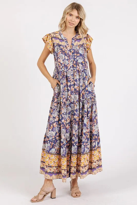 Floral Ruffled Notched Cap Sleeve Maxi Dress in Peacock Blue - product view 3