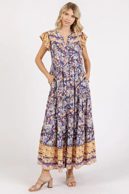 Floral Ruffled Notched Cap Sleeve Maxi Dress in Peacock Blue - product view 3